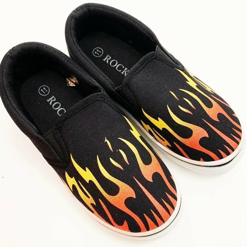 NEW Orange Flames Boys Skater Shoes Low Top Slip NIB